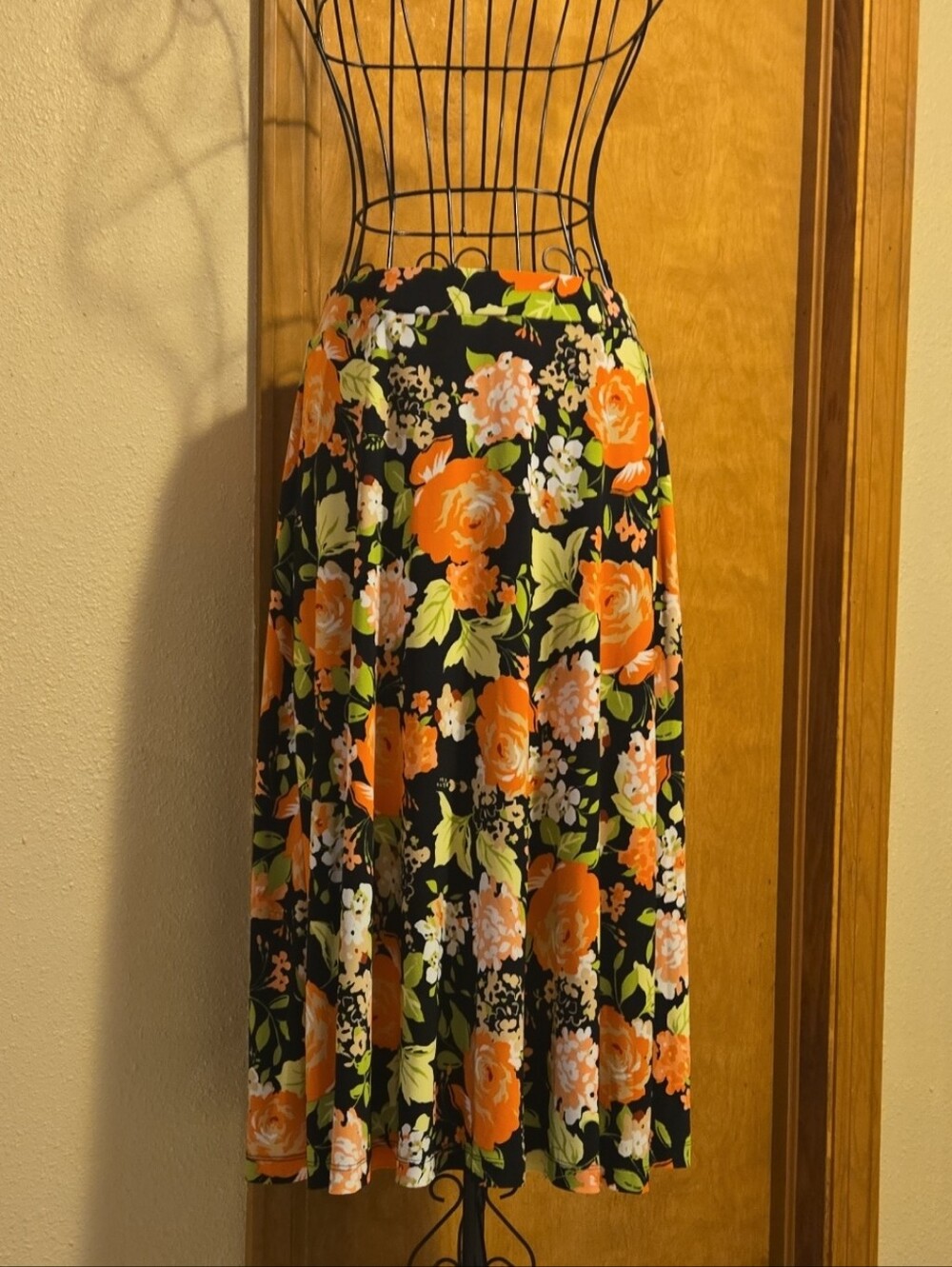 Kasper Black Midi Skirt with Orange Floral Pattern